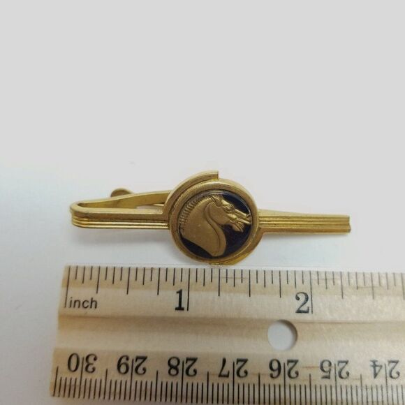 Vintage Hickok Tie Clip, Gold Tone Horse Profile Portrait Heart Center, Estate - Picture 5 of 6